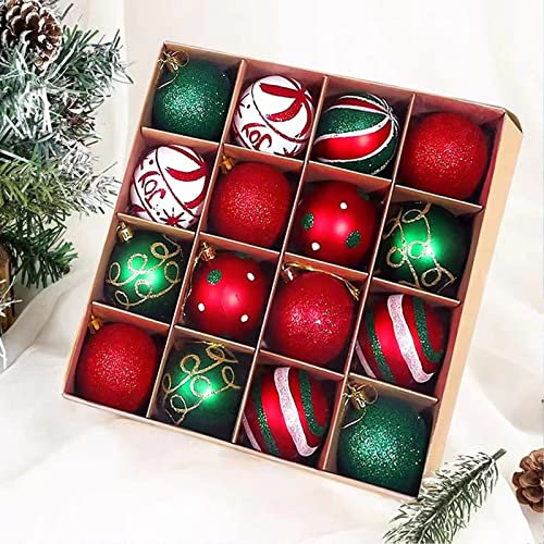 Weihnachtskugeln, 16 Stücke Weihnachtsbaumschmuck Kunststoff Set 60mm Christbaumkugeln, Hängende Weihnachtsdeko Ball, traditionelle rote, grüne und weiße Weihnachtskugel Set für Geburtstag Party Dekor
