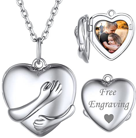 ChicSilver 925 Silber Herz Umarmung Halskette Photo Amulett mit Gravur Damen Mädchen Herzform Fotoanhänger mit Gravur für Weihnachten Geburtstag Valentinstag
