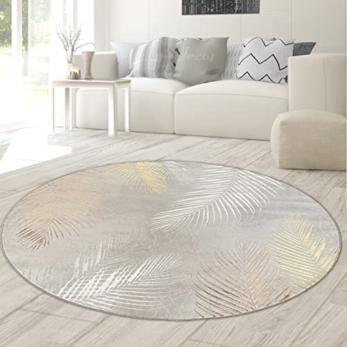 Designer Teppich mit Palmenzweigen in grau Gold, Größe 200 cm rund