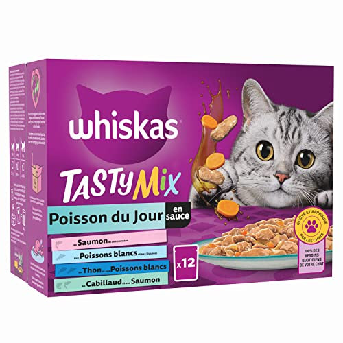 WHISKAS Repas pour Chat - 48 Sachets Fraîcheur (Lot de 4 Packs 12x85g) - Tasty Mix Poisson du Jour (4 variétés) - Pâtée pour Chat Adulte en Sauce – Nourriture Humide Complète & Equilibrée