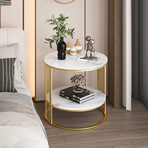 FATIVO Beistelltisch Marmor Gold Runder Couchtisch, 2-Ablage Coffee Table Ø55x Ø52x 51.2cm moderner Wohnzimmer Tisch mit goldem Metallgestell für Wohnzimmer Schlafzimmer Flur Balkon