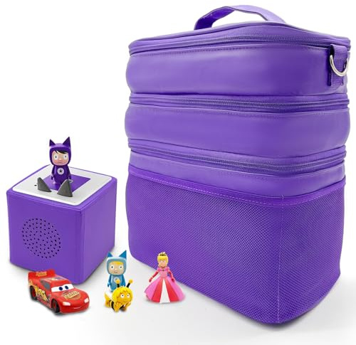 Dreifach Musikbox Tasche Kindergepäck viel Platz für Toniebox Figuren Tigerbox Transport Folie Hörfiguren Musikboxen Musikwürfel Ladegerät Kopfhörer Zubehör verstellbare Innenfächer (Lila/Leder)