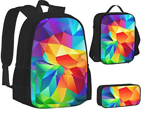 ELBULL Tier Lustiger Kuhkopf Schwarz Weiß Pritn Schulrucksack Jungen Mädchen Schulbüchertasche Set Schülerrucksack mit Lunchbox und Federmäppchen, Regenbogen-Geometrie, Einheitsgröße, Kinderrucksack