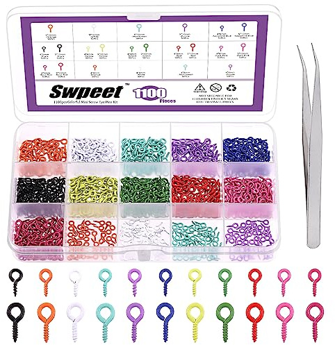 Swpeet 1101Pcs 11 Farben 2-Größen 4×8mm 5×10mm kleines Schraubenauge mit Pinzette Sortiment Kit, Augen Pins Haken Ösen Schraubverschlüsse Haken Augenschrauben für Schmuck Herstellung DIY Schmuck