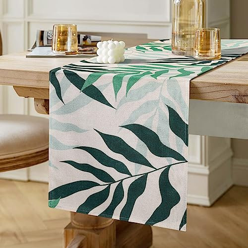 Tischläufer Blätter Grün Frühling Sommer Modern Polyester Leinen Tischläufer Grün Mintgrün Blätter Tischläufer Klein Table Runner für Urlaub Party Picknick Küche 40x140cm