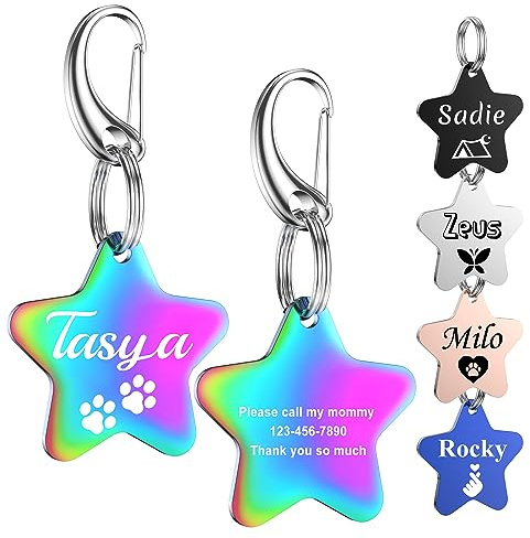 Hundemarke mit Gravur - GISUERY Hundemarke Personalisiert mit 48 Symbolen - Edelstahl und Doppelseitige Gravur - Adressanhänger Hund mit 5 Farboptionen und 2 Spaltringen (Stern)