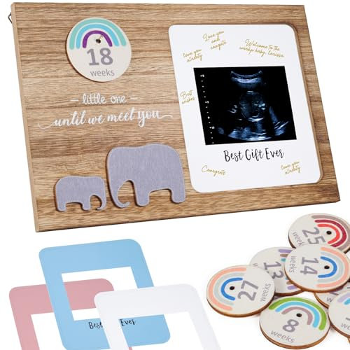 Niedlicher Ultraschall-Bilderrahmen, Schwangerschaftsankündigung, Sonogramm, Gästebuch mit Regenbogen-Countdown-Wochen und wechselbaren Matten, Geschenk zum Enthüllen, schönes