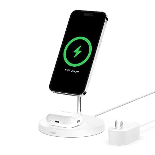 Belkin MagSafe 2-in-1 Wireless Charging Stand for Apple iPhone 16, iPhone 15, iPhone 14, iPhone 13 Series & AirPods - MagSafe Fast Charging Station for Multiple Devices - White (Certified Refurbished)