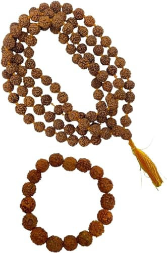 Mythologiezentrum dehnbares Armband & Rudraksha Mala 108 Perlen Halskette 5 Mukhi Paanchmukhi fünfseitige Rudraksh Samen Gebetsperlen, Handgelenkwickel, Jaap Mala, Perlengröße 8 mm, Holz