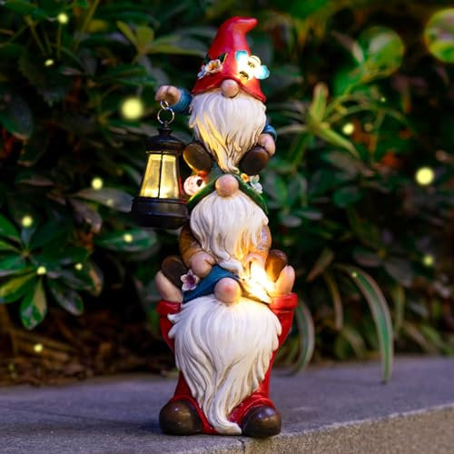 twinbling Garden Gnome Statue with Solar Lights Garden Sculptures Funny Triple Gnome Outdoor Patio Lawn Yard Balcony Garden Home Decor Gifts for Women Mom Grandma 12 in Summer Gnome