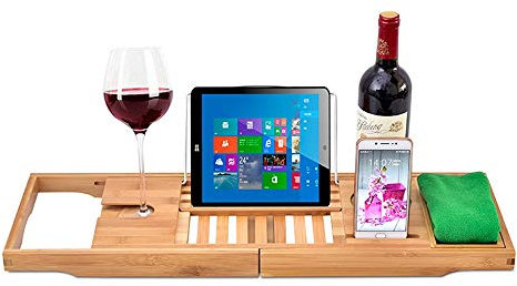 Badewannenablage, Bambus-Badewannentablett, Badewannenregal mit ausziehbaren Seiten, Tassen-/Smartphone-Halter, Metallrahmen für die Platzierung von Büchern und Tablets, Wein, Badewannenablage