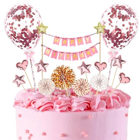 Happy Birthday Tortendeko, 17 Stück Rosa Cake Topper für Mädchen, Kuchen Deko mit Konfetti Luftballons Papierfächer Stern Herz für Frau Geburtstag