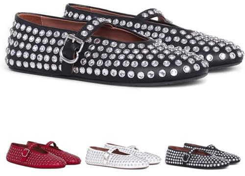 Ballerinas mit Strasssteinen für Damen, glitzernde Schnalle, runde Zehenpartie, Mary Jane Ballerinas, Nieten, verzierte flache Schuhe, Schwarz , 37.5 EU