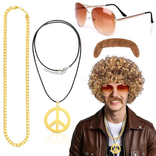 Humairc Karneval Kostüm Afro Perücke Herren Perücke Sonnenbrille Halskette Bart 70er 80er Jahre Outfit für Männer Damen Rocker Perücke Karneval Kostüm Damen Herren (Braun)