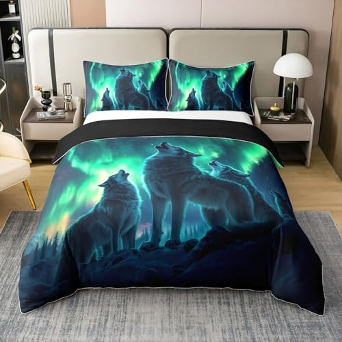 Homewish Howling Wolf Baumwolle Tröster Bezug 200x200 Türkis Ombre Aurora | Bettwäsche Set Wölfe Wildlife Safari Tier Bettbezug Natürliche Landschaft Bettbezug Weich Atmungsaktiv Reversible