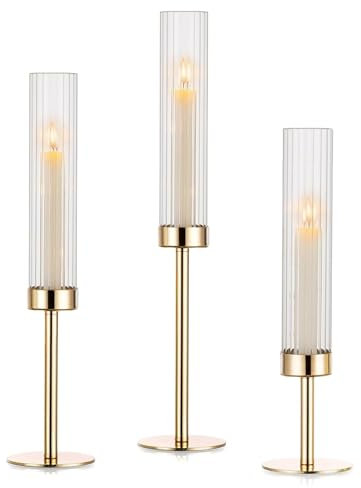 Gold Hurricane Candle Holders, Set of 3 for Glass Windproof Candlestick Holders,Tall Taper Candle Sticks Holder Decor for Home Decor, Wedding, Dinning, Party Decorative, Anniversary,Valentine (3 Pcs)