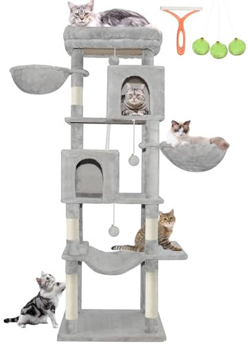 LEEJARD Kratzbaum Groß, XXL Katzenbaum, 180cm Hoch mit Große Plattformen, 5 Kratzsäulen, 2 Höhle, 2 Korb, Plüschbälle, Hängematte, Katzenbürsten und Kippschutz