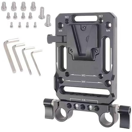LSYRIA V-Mount Battery Plate with Dual 15mm Rod Clamp, M3&M4 and 1/4 Thread Hole Quick Release Plate, Versatile Power Solution for Camera Rigs Aluminum
