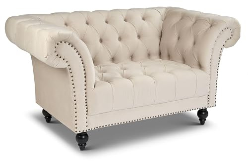 Bravich Chesterfield Velvet Armchair, Cream Single Sofa Chair for Living Room, Classic Button Back Arm Chair with Rolled Arms, Solid Wood Frame, 145cm x 56cm x 82cm