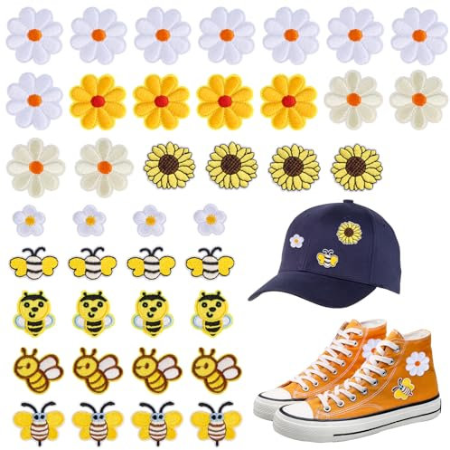 40 Stück Patches zum Aufbügeln, Gänseblümchen Biene Aufnäher zum Aufbügeln, Bestickte Flicken zum Aufbügeln, Niedliche Bügelpatches für Kleidung, Hosen, Taschen