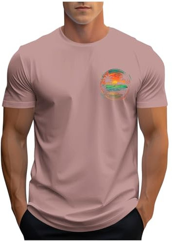 UHouse Tee Shirt Homme Sport Tshirt à Manches Courtes T-Shirt Ete Teeshirt Col Rond Streetwear Leger Top Grande Taille Respirant Habit Coton Court Vetement Or Rose L