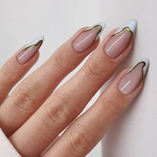 24Pcs Press On Almond Nails – Fake Nails with Jelly Tool, French Tip & Gold Line Design, Full Cover Acrylic False Nails, Stylish & Durable for Women & Girls