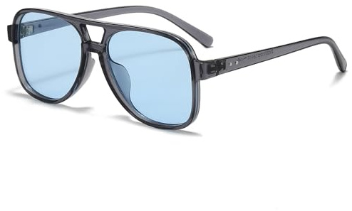 Long Keeper Retro Pilot Sonnenbrille Pilotenbrille Herren Damen Quadratisch Sonnenbrille Groß 70er Klassisch Eckige Pilot Retro Brille mit UV400 Schutz (Klares Grau Rahmen – Blau Gläser)