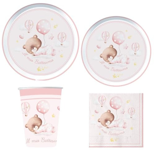 Kit Battesimo Baby Bear Rosa, Completo di Piatti, Bicchieri, Tovaglioli e Tovaglia per una Festa Dolce e Delicata, Perfetto per il Battesimo della tua Bambina - Varzi dal 1956 (Kit 36 Persone)