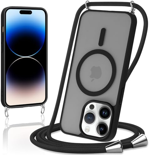 Knrlqim Magnétique Coque pour iPhone 14 Pro 6,1 avec Cordon,Compatible avec MagSafe,Etui Translucide Mat Arrière Housse Fine Antichoc, Réglable Collier Lanière Étui Portable Lanyard Case,Noir