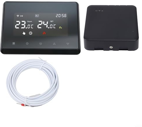 URPIZY Smart WiFi Thermostat Programmable with RF Receiver 868MHz, Voice, APP Control for Gas Boilers & Underfloor Heating, Wireless Touch Display Temperature Controller(Black + Sensor)