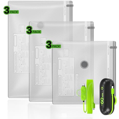 Vakuumbeutel Set 9-tlg mit Elektrischer USB-Pumpe | 3 Größen (40x40cm, 40x50cm, 40x60cm) Platzsparend für Kleidung, Reise, Bettwäsche & Umzug | Luftdichte Aufbewahrungstaschen