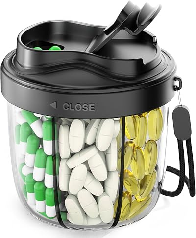 Boîte à comprimés 7 jours Matin Midi Soir – Boîte à médicaments ronde avec 7 compartiments, large ouverture et design anti-confusion. Sans BPA - Idéal pour les voyages. Inclus 20 étiquettes adhésives