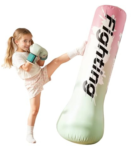 Aufblasbarer Boxsack für Kinder mit Pumpe | Standboxsack Stabiles Design für Karate, Taekwondo, MMA | Geschenk für Jungen Mädchen 3-12 Jahre (Pink,1.5m)