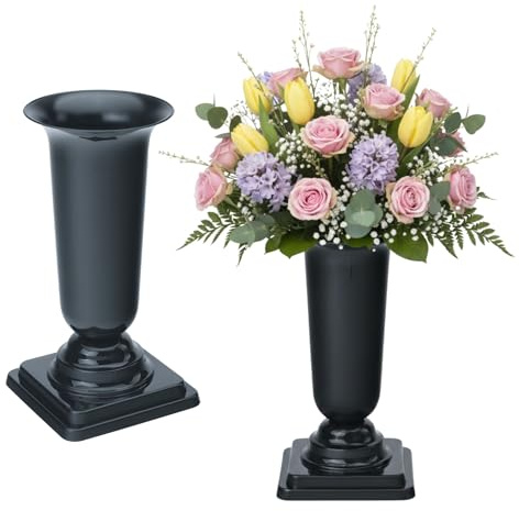 matches21 HOME & HOBBY Wetterfeste Grabvasen mit Sockel 31 cm grau - 2 Friedhofsvasen zum Hinstellen als Grabschmuck