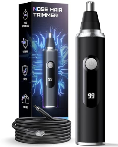Savilab Nose Hair Trimmer for Men and Women, USB Rechargeable Electric Facial and Ear Hair Remover with LED Display, Dual-Edge Blades for Smooth, Painless Eyebrow Grooming (Black)