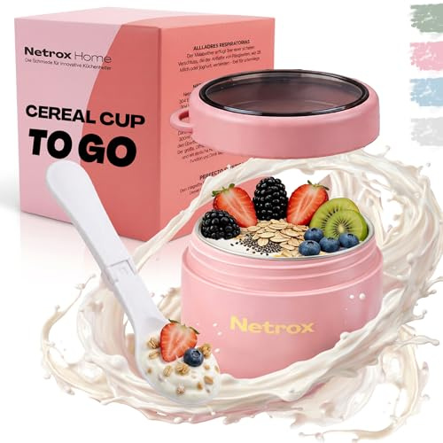 Netrox Tazza per Muesli Isotermica da Asporto con Cucchiaio, 600 ml, Rosa | Tazza isotermica da 600 ml per muesli e yogurt, con cucchiaio incluso, pratica per pasti fuori casa, al lavoro o in viaggio