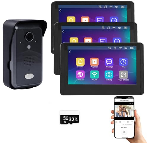 Interphone vidéo sans fil pour appartement sans fil 1080p HD sonnette caméra écran tactile 17,8 cm avec détection de mouvement application Tuya pour maison appartement villas, pas de frais mensuels (1