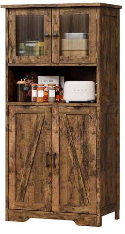 GarveeMore 127 cm hoher Badezimmerschrank, freistehender Badezimmer-Aufbewahrungsschrank mit 4 Türen und verstellbaren Einlegeböden, Schrank für Küche, Vorratsraum Wohnzimmer, Vintage