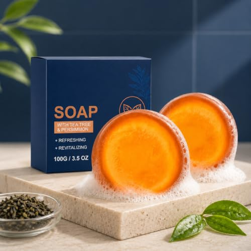 2 Stück Natürliche Kaki Seife mit Tea Tree Oil, Persimmon Soap zur Bekämpfung von Nonenal Körpergeruch, KakiSeife Bar für Körpergeruch Entfernung, Natural Deodorant gegen Alterungsgeruch