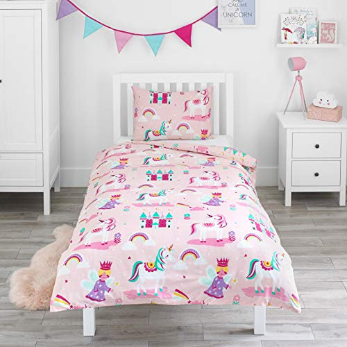 Bloomsbury Mill - Kinderbettwäsche 135x200 - Einhorn Bettwäsche Mädchen 135x200 - Prinzessin und Regenbögen - Kinder Wendebettwäsche und Kissenbezug Set - Rosa & Lila Einzelbettwäsche-Set