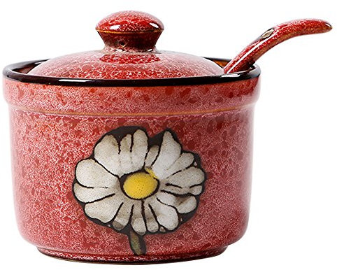 Keramik-Vorratsdose mit Deckel und Löffel, Retro-Blume, für Zucker, Salz, Pfeffer