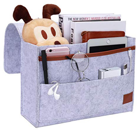 MaoXinTek Betttasche, Filz Bett Caddy Organizer zum Einhängen Nachttisch Tasche Sofa-Bett Dicke Filz mit Kabellöchern Anti-Rutsch für Buch, Zeitschriften, iPad, Handy, Fernbedienung, Hellgrau