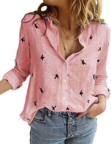 Onsoyours Camicia Donna Elegante Camicetta Donna Manica Lunga Bluse Camicie a Quadri Blusa Scollo V Casuale Rosa 42