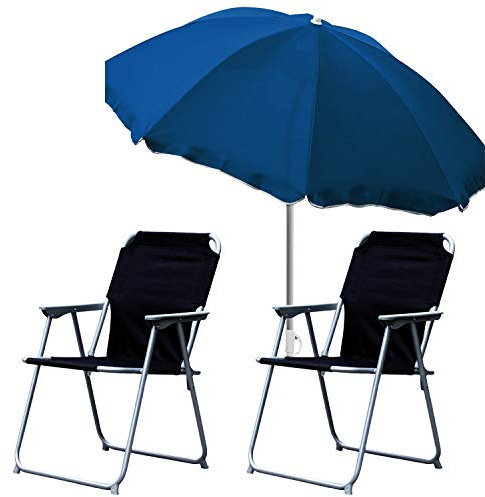 Ensemble de 3 meubles de camping 2 chaises pliantes Noir + parasol de plage Bleu Ø 200 cm