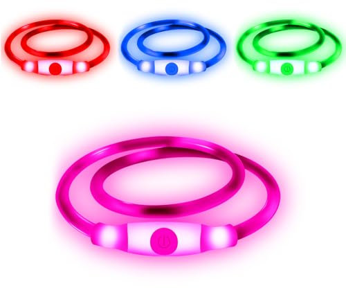 LED Dog Collar,USB Rechargeable Adjustable Cut to Size Ultra Bright Colours Glow Light Collar for Dogs USB Rechargeable Lithium Battery Night Visibility & Safety [Pink]