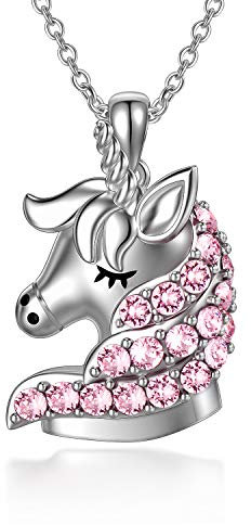 AOBOCO Sterling Silber Einhorn Anhänger Kette mit Kristallen, Einhorn Schmuck Geburtstag Geschenke für Mädchen Frauen Tochter (Rosa)