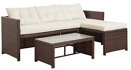 Teamson Home Terrasse Gartenmöbel, 3-Teiliges Rattan Weide Schnitt Set mit 2er-Sofa, Chaiselongue, Tisch und Kissen, Braun/Creme