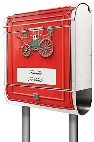 banjado® Briefkasten mit Standfuß personalisiert Motiv Postkasten Nostalgie - Stand Briefkasten Edelstahl mit Zeitungsfach - Postbox/Postkasten A4 Einwurf inkl. Montagematerial & 2 Schlüssel