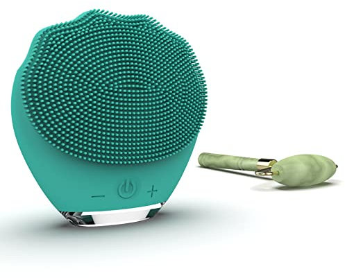 WottoCare Nettoyant Facial et Masseur en Silicone Rechargeable avec Rouleau de Jade Naturel et Pochette de Transport - Nettoyage Intelligent pour Tous Types de Peaux - Masseur Anti-Âge - Vert