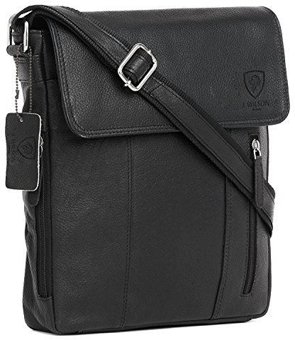 J. Wilson London 100% Pure Genuine Real Vintage Hunter Leather Handmade Mens Women Leather Flapover Everyday Crossover Shoulder Work iPad Messenger Bag (Black_)